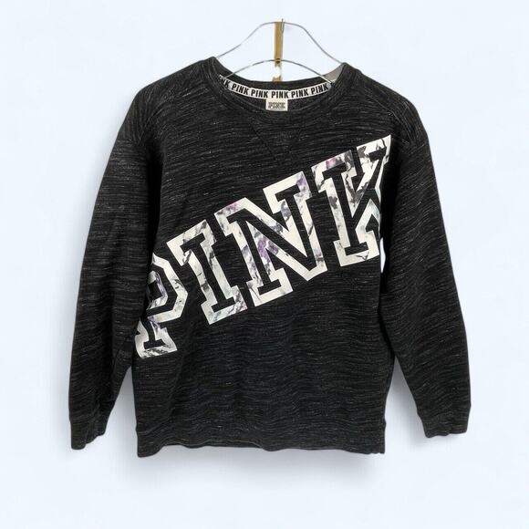 Victoria's Secret Pink Logo Campus Crew Sweatshirt Black Marble Logo Small - Picture 1 of 5